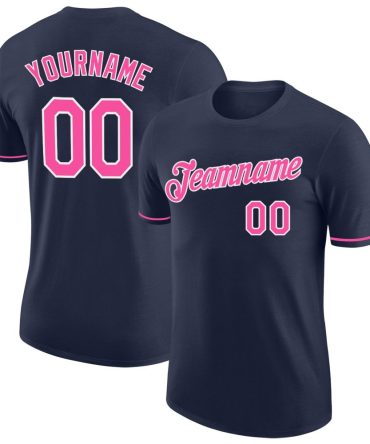 Custom Navy Pink-White Performance T-Shirt, For Football, Baseball, Hockey, Basketball, Softball & Rugby Fans