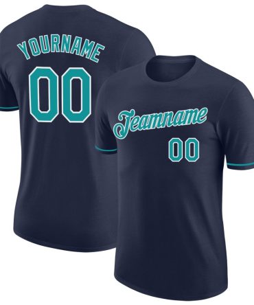 Custom Navy Teal-White Performance T-Shirt, For Football, Baseball, Hockey, Basketball, Softball & Rugby Fans