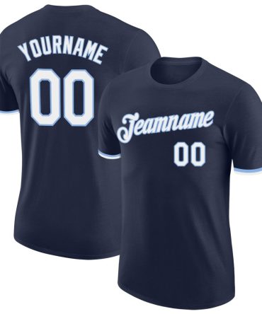 Custom Navy White-Light Blue Performance T-Shirt, For Football, Baseball, Hockey, Basketball, Softball & Rugby Fans