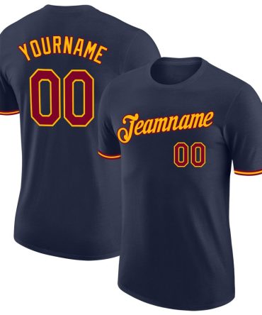 Custom Navy Maroon-Gold Performance T-Shirt, For Football, Baseball, Hockey, Basketball, Softball & Rugby Fans