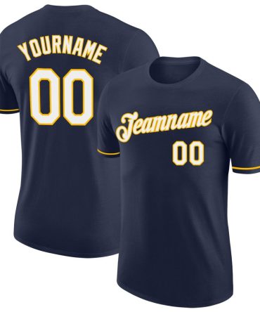 Custom Navy White-Gold Performance T-Shirt, For Football, Baseball, Hockey, Basketball, Softball & Rugby Fans