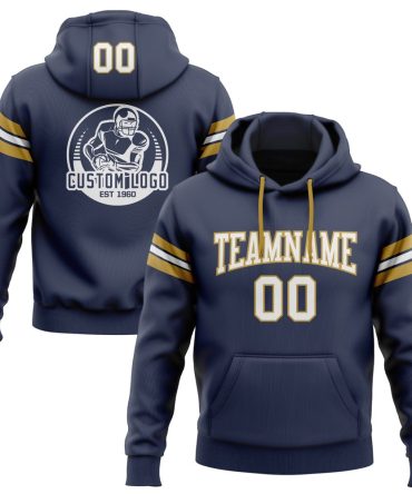 Custom Navy White-Old Gold Football Pullover Sweatshirt Hoodie, Gift For Football, Baseball, Hockey, Basketball, Softball & Rugby Fans