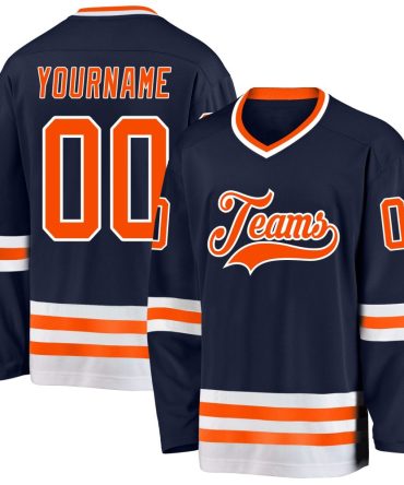Custom Navy Orange-White Hockey Jersey, Gift For Hockey Fans