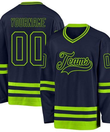 Custom Navy Neon Green Hockey Jersey, Gift For Hockey Fans