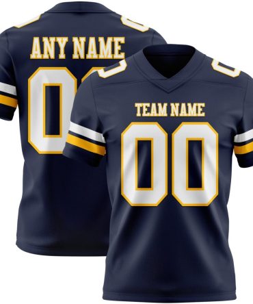 Custom Navy White-Gold Authentic Football Jersey, Gift For Football Fans
