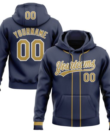 Custom Navy Old Gold-White Baseball Pullover Sweatshirt Hoodie, Gift For Football, Baseball, Hockey, Basketball, Softball & Rugby Fans