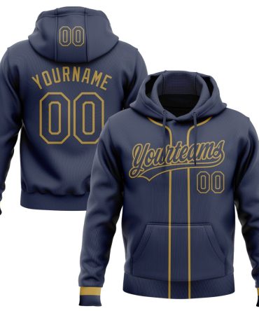 Custom Navy Old Gold Baseball Pullover Sweatshirt Hoodie, Gift For Football, Baseball, Hockey, Basketball, Softball & Rugby Fans