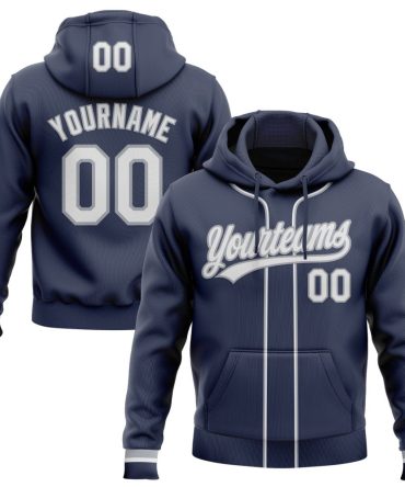 Custom Navy White-Gray Baseball Pullover Sweatshirt Hoodie, Gift For Football, Baseball, Hockey, Basketball, Softball & Rugby Fans
