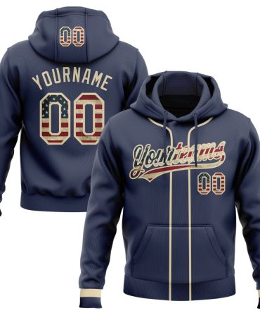 Custom Navy Vintage Usa Flag-Cream Baseball Pullover Sweatshirt Hoodie, Gift For Football, Baseball, Hockey, Basketball, Softball & Rugby Fans