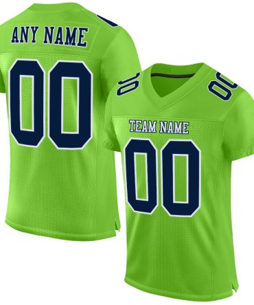 Custom Neon Green Navy-White Football Jersey, Gift For Football Fans