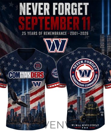 Never Forget September 11 -Washington Commanders 25Th Anniversary V-Neck Jersey - V-Neck Short Sleeve Jersey
