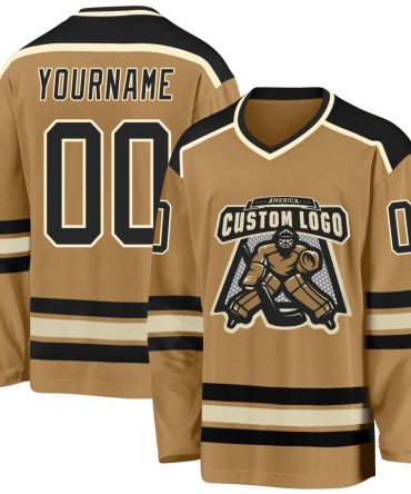 Custom Old Gold Black-Cream Hockey Jersey, Gift For Hockey Fans