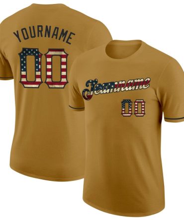 Custom Old Gold Vintage Usa Flag-Black Performance T-Shirt, For Football, Baseball, Hockey, Basketball, Softball & Rugby Fans