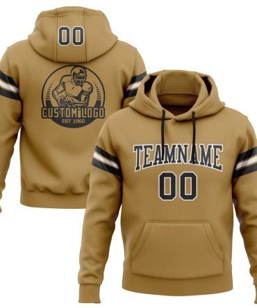 Custom Old Gold Black-White Football Pullover Sweatshirt Hoodie, Gift For Football, Baseball, Hockey, Basketball, Softball & Rugby Fans