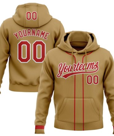 Custom Old Gold Red-White Baseball Pullover Sweatshirt Hoodie, Gift For Football, Baseball, Hockey, Basketball, Softball & Rugby Fans
