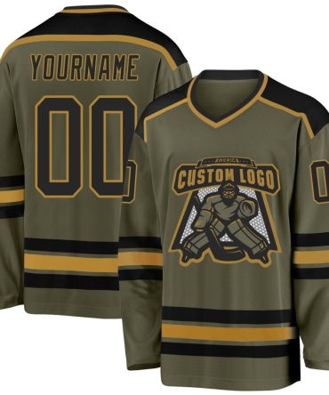 Custom Olive Black-Old Gold Salute To Service Hockey Jersey, Gift For Hockey Fans