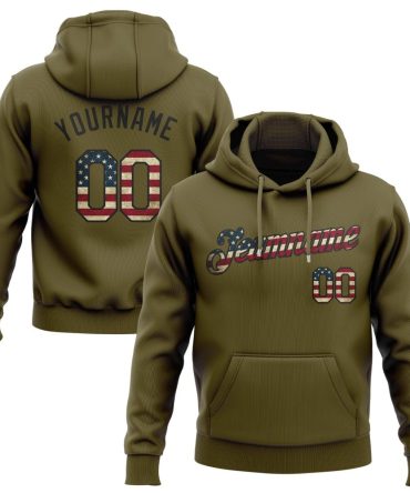 Custom Olive Vintage Usa Flag-Black Sports Pullover Sweatshirt Salute To Service Hoodie, Gift For Football, Baseball, Hockey, Basketball, Softball & Rugby Fans
