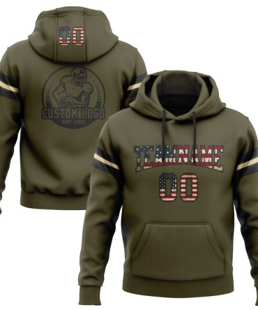 Custom Olive Vintage Usa Flag Black-Cream Football Pullover Sweatshirt Salute To Service Hoodie, Gift For Football, Baseball, Hockey, Basketball, Softball & Rugby Fans