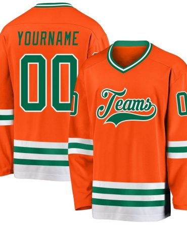 Custom Orange Kelly Green-White Hockey Jersey, Gift For Hockey Fans