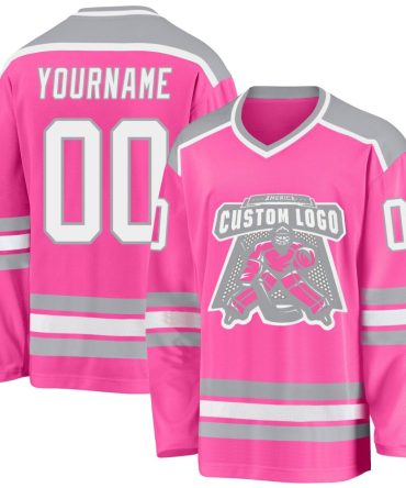 Custom Pink White-Gray Hockey Jersey, Gift For Hockey Fans