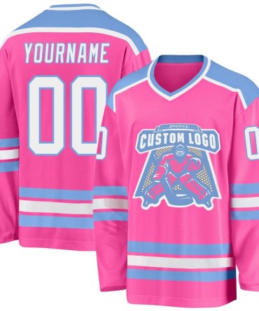 Custom Pink White-Light Blue Hockey Jersey, Gift For Hockey Fans