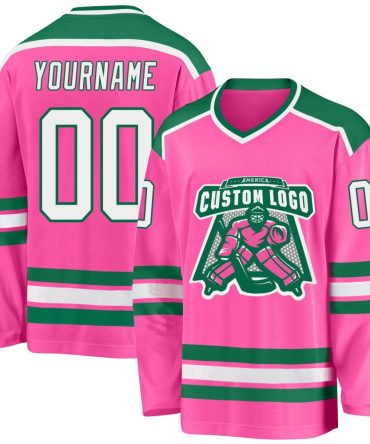 Custom Pink White-Kelly Green Hockey Jersey, Gift For Hockey Fans