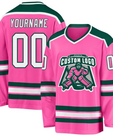 Custom Pink White-Green Hockey Jersey, Gift For Hockey Fans