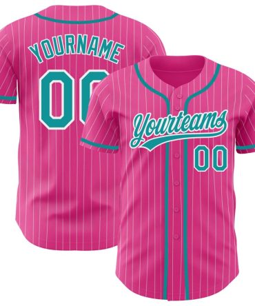 Custom Pink White Pinstripe Teal Baseball Jersey, Gift For Baseball Fans