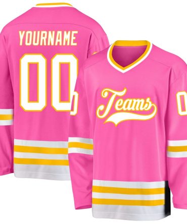 Custom Pink White-Gold Hockey Jersey, Gift For Hockey Fans