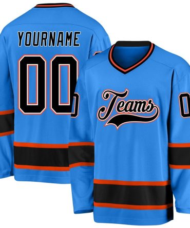 Custom Powder Blue Black-Orange Hockey Jersey, Gift For Hockey Fans