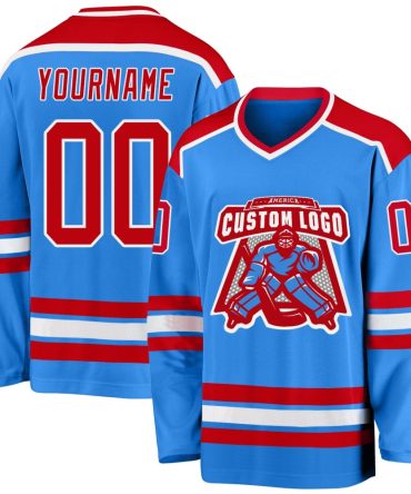 Custom Powder Blue Red-White Hockey Jersey, Gift For Hockey Fans