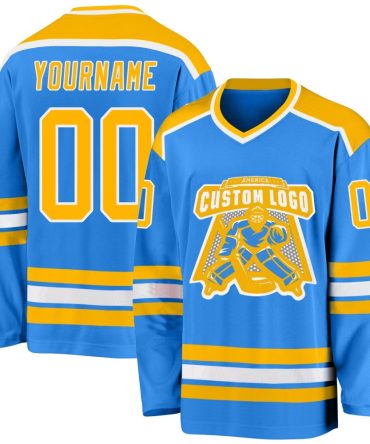 Custom Powder Blue Gold-White Hockey Jersey, Gift For Hockey Fans