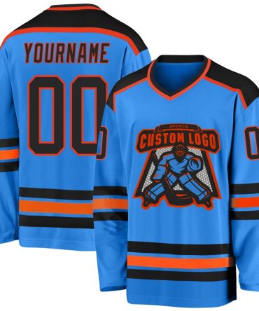 Custom Powder Blue Black-Orange Hockey Jersey, Gift For Hockey Fans