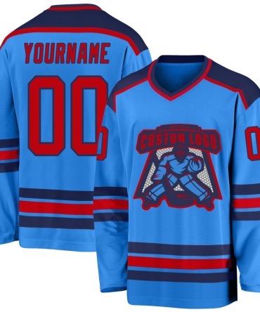 Custom Powder Blue Red-Navy Hockey Jersey, Gift For Hockey Fans
