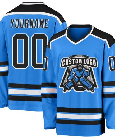 Custom Powder Blue Black-White Hockey Jersey, Gift For Hockey Fans