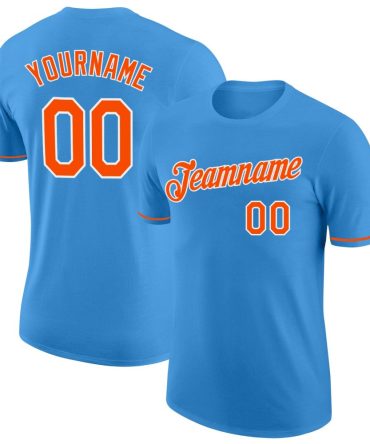 Custom Powder Blue Orange-White Performance T-Shirt, For Football, Baseball, Hockey, Basketball, Softball & Rugby Fans