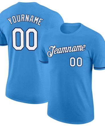 Custom Powder Blue White-Navy Performance T-Shirt, For Football, Baseball, Hockey, Basketball, Softball & Rugby Fans