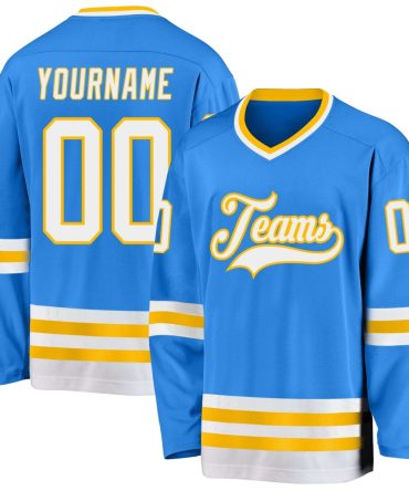 Custom Powder Blue White-Gold Hockey Jersey, Gift For Hockey Fans