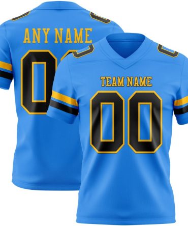 Custom Powder Blue Black-Gold Authentic Football Jersey, Gift For Football Fans