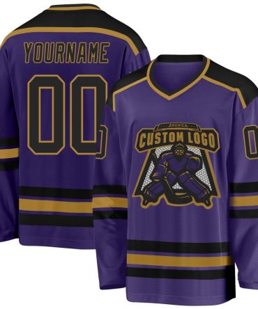 Custom Purple Black-Old Gold Hockey Jersey, Gift For Hockey Fans