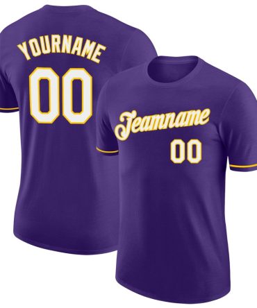 Custom Purple White-Gold Performance T-Shirt, For Football, Baseball, Hockey, Basketball, Softball & Rugby Fans