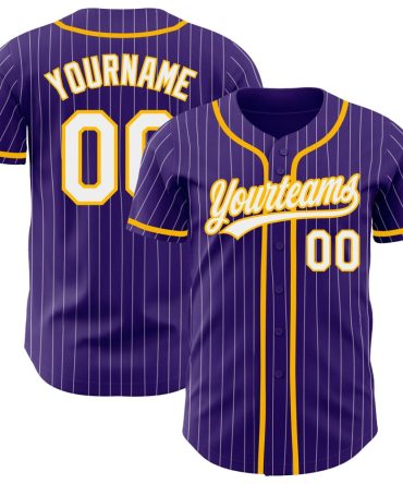 Custom Purple White Pinstripe Gold Baseball Jersey, Gift For Baseball Fans