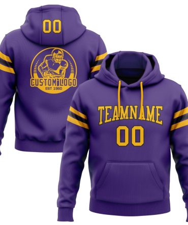 Custom Purple Gold-Black Football Pullover Sweatshirt Hoodie, Gift For Football, Baseball, Hockey, Basketball, Softball & Rugby Fans