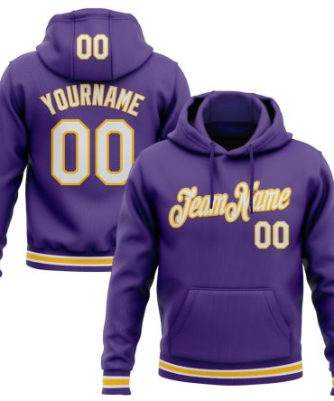 Custom Purple White-Gold Sports Pullover Sweatshirt Hoodie, Gift For Football, Baseball, Hockey, Basketball, Softball & Rugby Fans