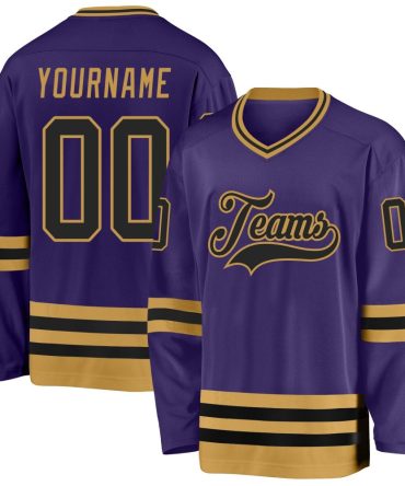 Custom Purple Black-Old Gold Hockey Jersey, Gift For Hockey Fans