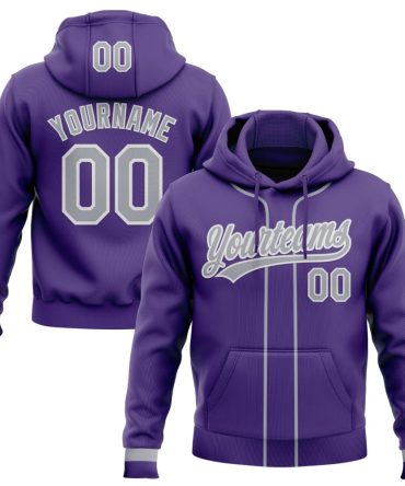 Custom Purple Gray-White Baseball Pullover Sweatshirt Hoodie, Gift For Football, Baseball, Hockey, Basketball, Softball & Rugby Fans