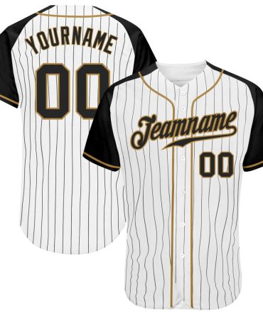 Custom White Black Pinstripe Black-Old Gold Raglan Sleeves Baseball Jersey, Gift For Baseball Fans