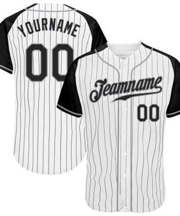 Custom White Black Pinstripe Black-Gray Raglan Sleeves Baseball Jersey, Gift For Baseball Fans