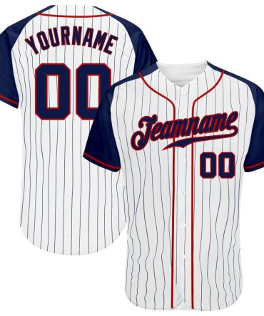 Custom White Navy Pinstripe Navy-Red Raglan Sleeves Baseball Jersey, Gift For Baseball Fans