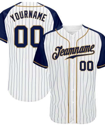 Custom White Navy Pinstripe Navy-Old Gold Raglan Sleeves Baseball Jersey, Gift For Baseball Fans